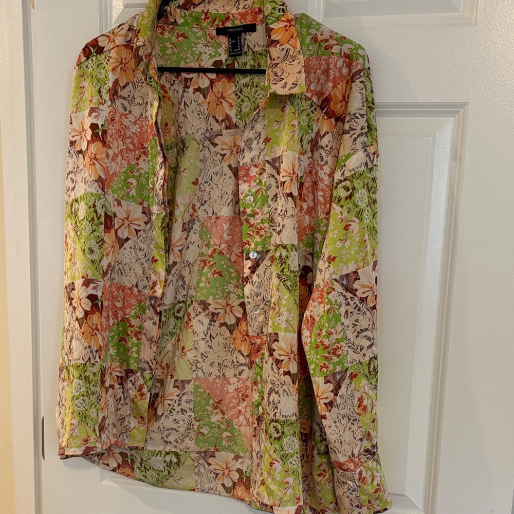 Forever 21 Peach & Lime Floral Patchwork Button-Up
